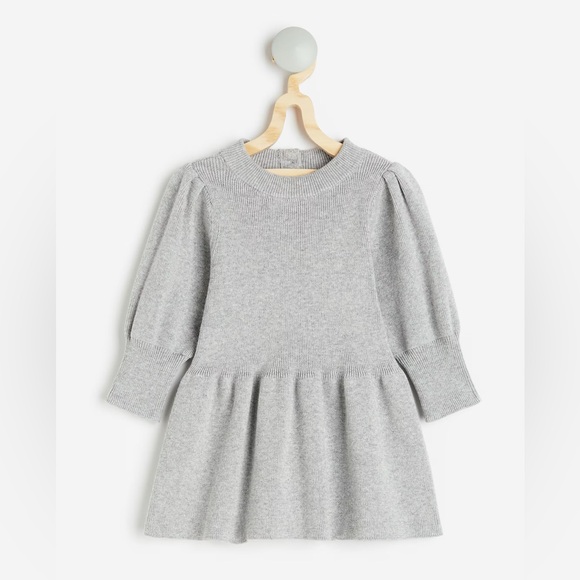 H&M Baby Girls Light Gray Cotton Knit Sweater Dress Puff Sleeve Flared Skirt 18M - Picture 1 of 2